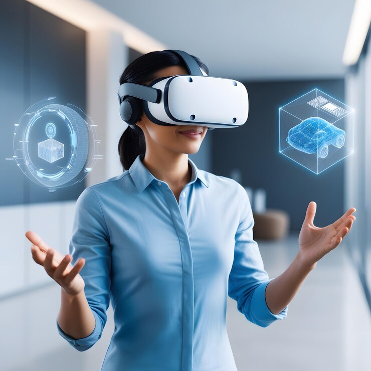 una mujer con un auricular de realidad virtual está sosteniendo un dispositivo virtual en su mano