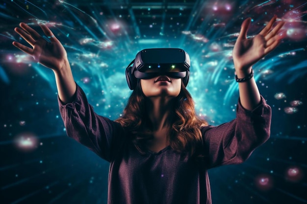 una mujer con un auricular de realidad virtual con las manos en el aire