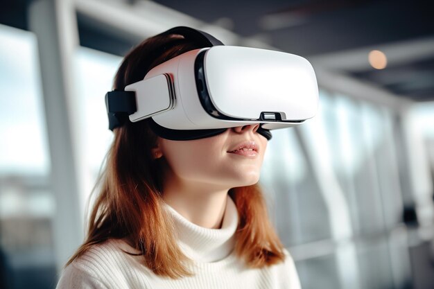 Una mujer con un auricular de realidad virtual mira a la cámara.