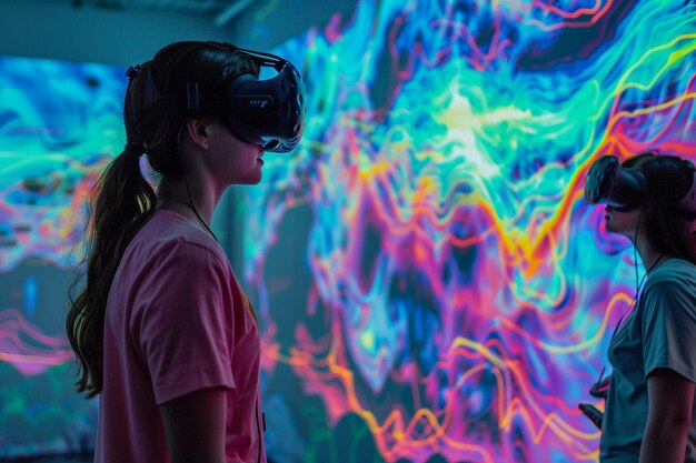 Foto una mujer con un auricular de realidad virtual está mirando una pantalla