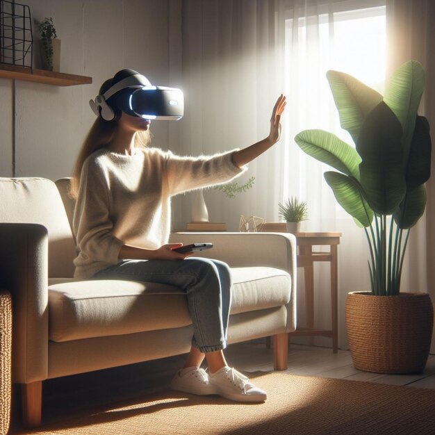 una mujer con un auricular de realidad virtual se sienta en una sala de estar