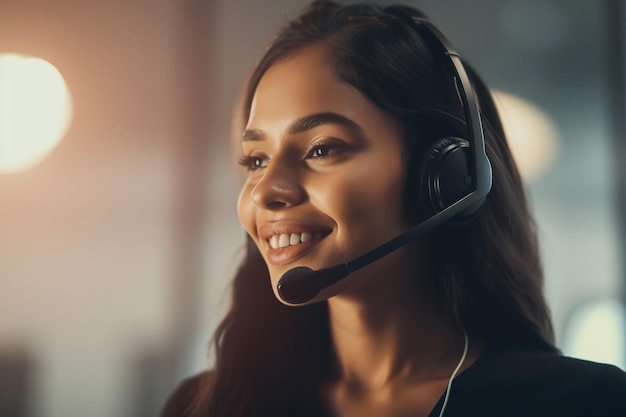 Una mujer con un auricular y una sonrisa en el rostro.