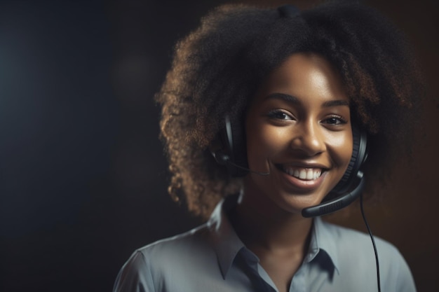 Una mujer con un auricular y una sonrisa en el rostro.