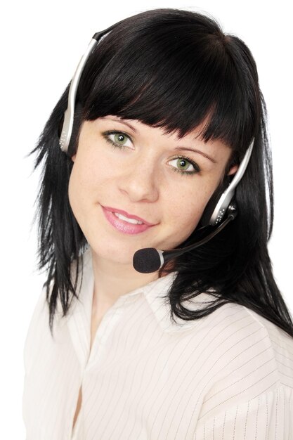 Mujer con auricular de teléfono aislado en blanco