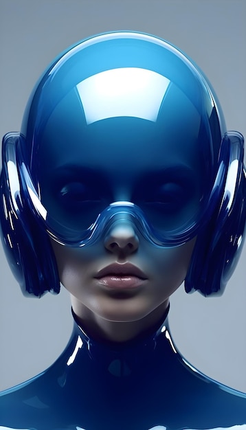 Una mujer con auriculares azules y casco azul.