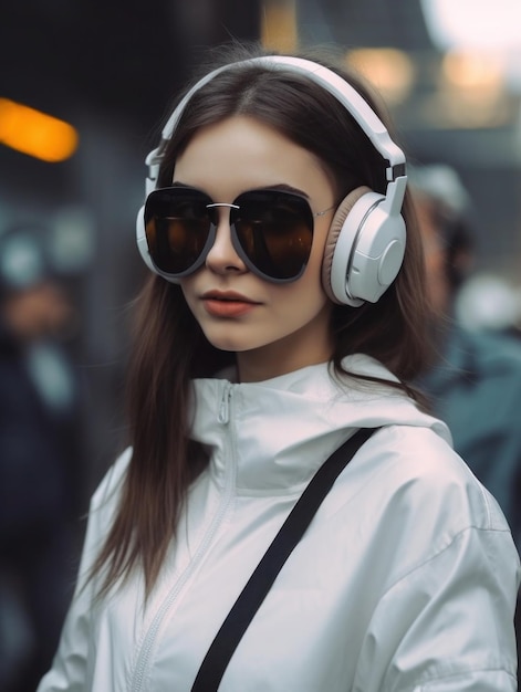 Una mujer con auriculares blancos con una chaqueta blanca y gafas de sol.