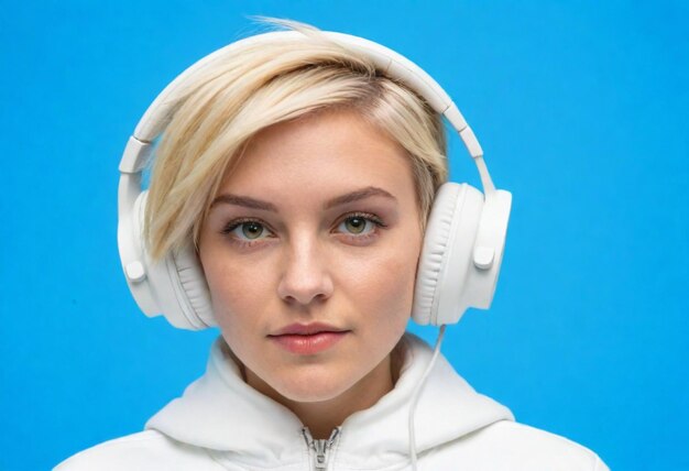 Foto una mujer con auriculares blancos que dice la palabra cita en la parte inferior de la imagen