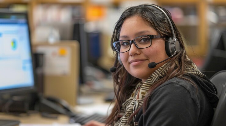 Mujer con auriculares y bufanda en la computadora