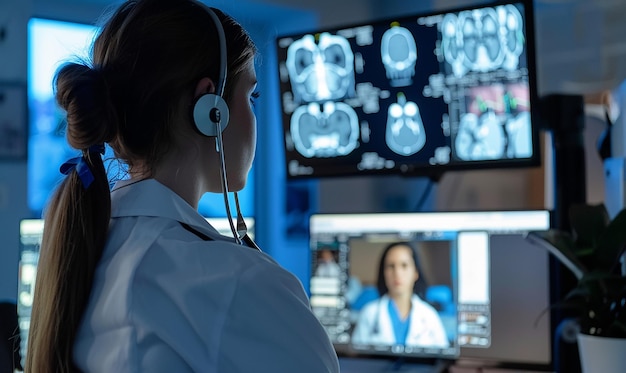 una mujer con auriculares en la cabeza mirando un monitor con una pantalla médica detrás de ella