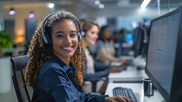 una mujer con auriculares en la cabeza trabajando en una computadora