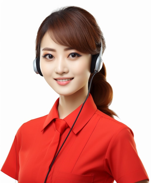 Mujer con auriculares y camisa roja