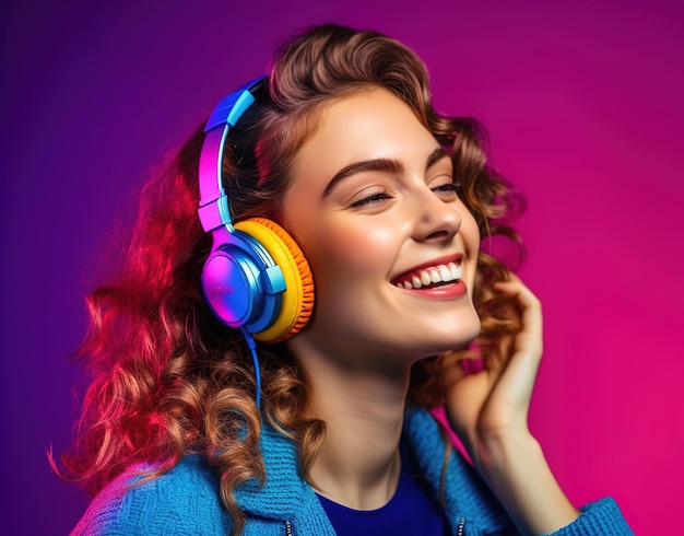 Una mujer con auriculares y chaqueta azul escucha música.