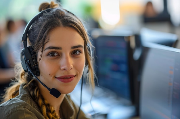 Mujer con auriculares en la computadora