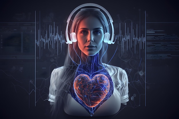 Una mujer con auriculares y un corazón en el pecho.