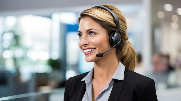 Mujer con auriculares en el despacho