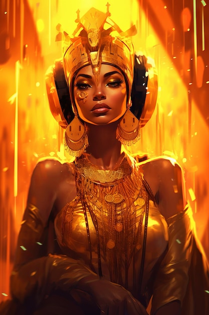 Una mujer con auriculares dorados y un fuego de fondo.