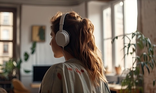 Una mujer con auriculares está escuchando música relajante en la sala de estar IA generativa