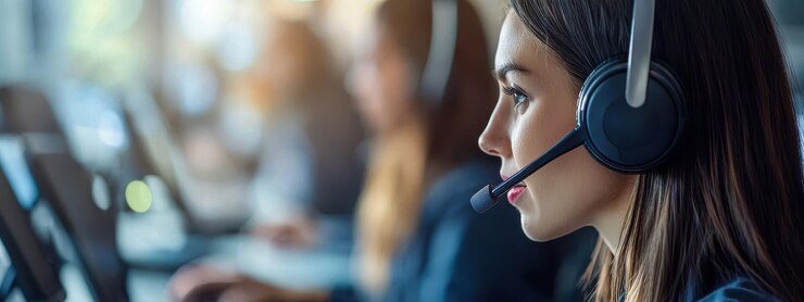 Una mujer con auriculares está hablando por teléfono una conversación telefónica servicio al cliente