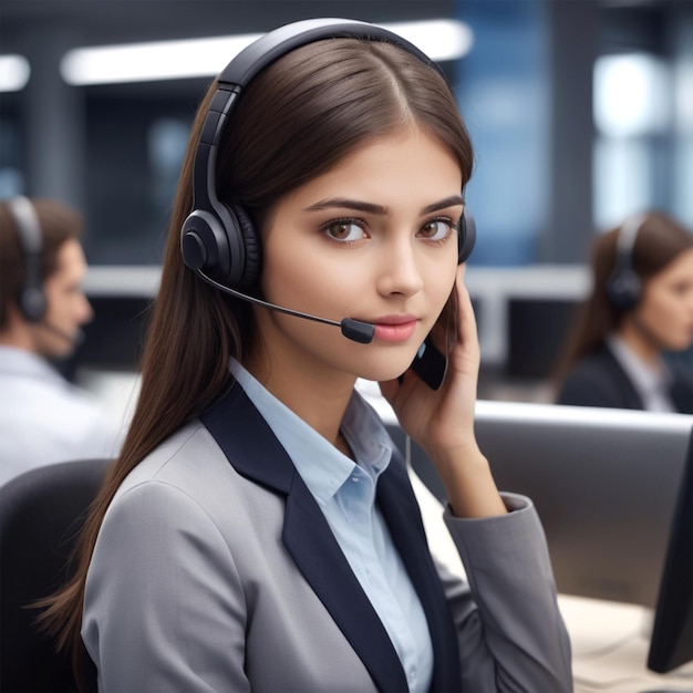 una mujer con auriculares está sentada frente a una computadora