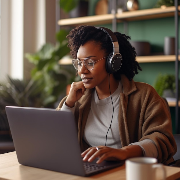 una mujer con auriculares está usando una computadora portátil y usando auriculares