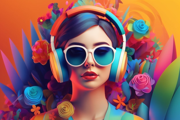 Una mujer con auriculares y un fondo colorido con flores.