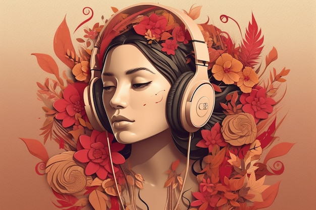 Una mujer con auriculares y un fondo floral.