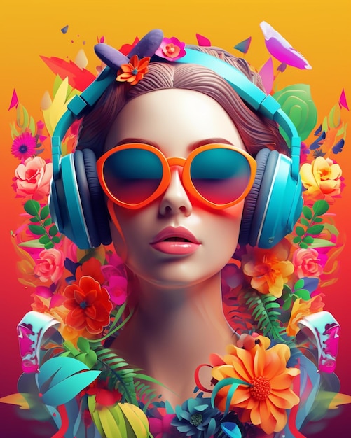 Una mujer con auriculares y un fondo de flores de colores.