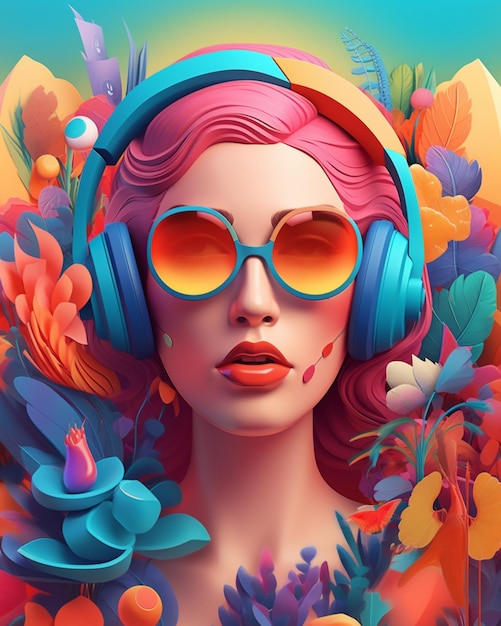 Una mujer con auriculares y un fondo de flores de colores.