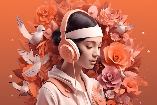 Una mujer con auriculares y un fondo de flores.