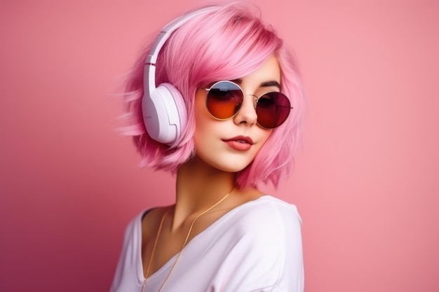 Mujer con auriculares en fondo rosa