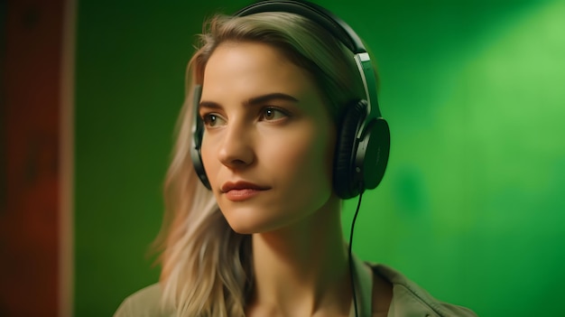 Una mujer con auriculares de fondo verde.