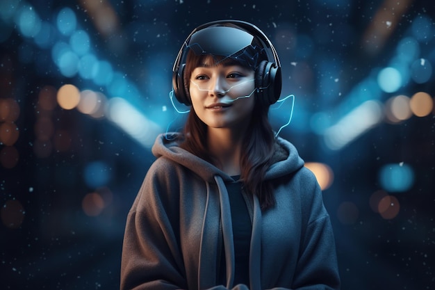 Una mujer con auriculares se para frente a un fondo azul con luces.