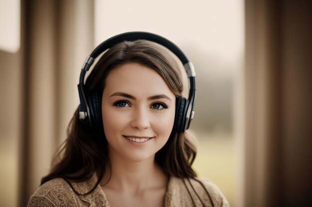 Una mujer con auriculares frente a una ventana.