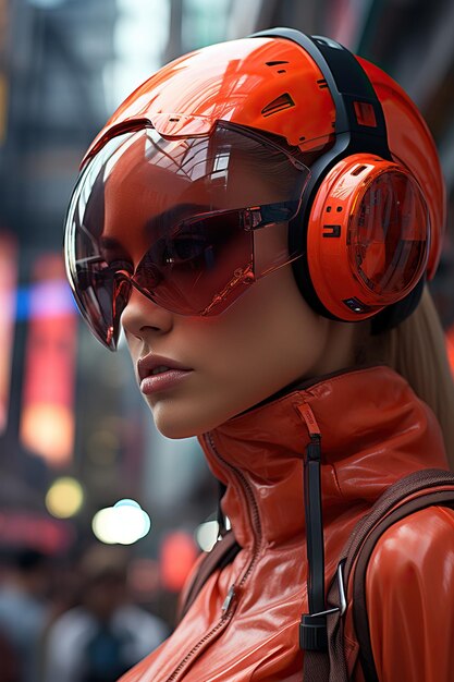 una mujer con auriculares y gafas de sol de color naranja