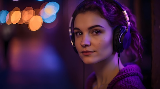 Una mujer con auriculares en una habitación oscura con un fondo colorido