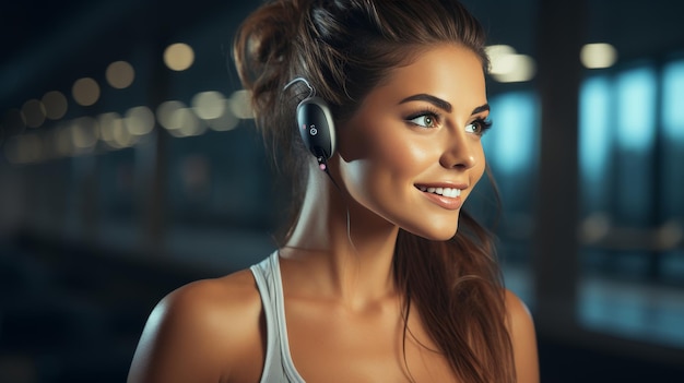 Foto mujer con auriculares en una habitación oscura