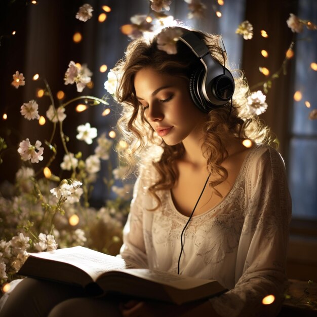 Foto una mujer con auriculares y leyendo un libro de imágenes