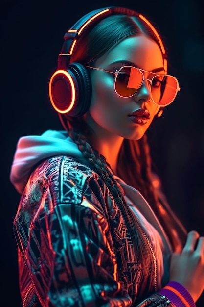 Una mujer con auriculares con luces de neón.