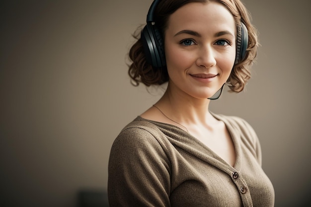 Foto una mujer con auriculares con micrófono.