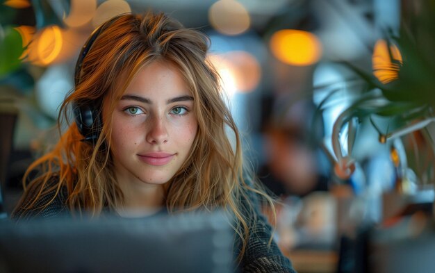 Mujer con auriculares mirando la pantalla de la computadora IA generativa