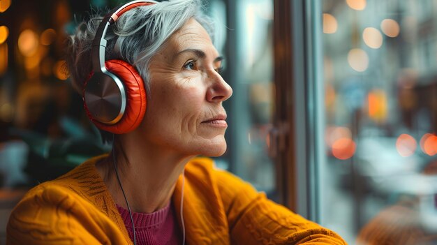 Mujer con auriculares mirando por la ventana IA generativa