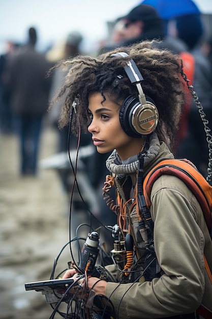 una mujer con auriculares y una mochila