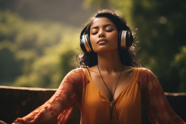 Mujer con auriculares con los ojos cerrados y escuchando música