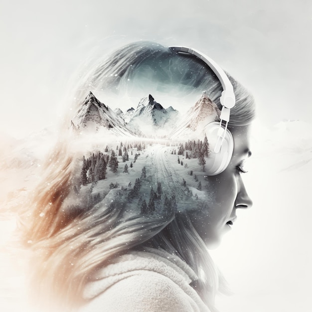 Una mujer con auriculares con un paisaje de montaña al lado.