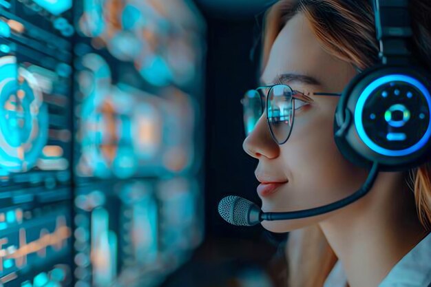 Foto una mujer con unos auriculares con las palabras auriculares