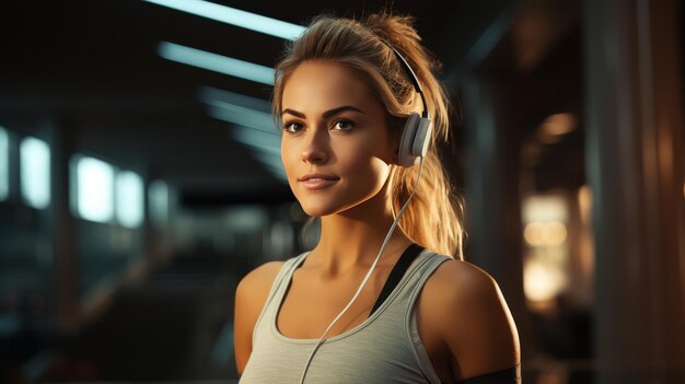 Mujer con auriculares de pie en el gimnasio