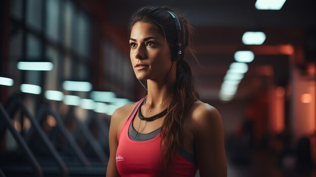 Mujer con auriculares de pie en el gimnasio