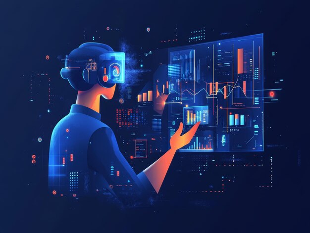 una mujer con auriculares de realidad virtual en la cabeza está mirando una pantalla de computadora