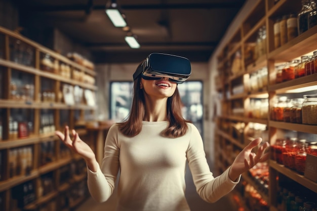 Mujer con auriculares de realidad virtual comprando en una tienda de comestibles IA generativa