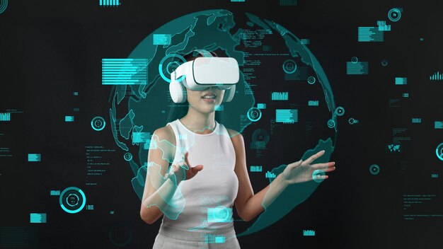 Mujer con auriculares de realidad virtual con datos digitales infografía global en 3D Alucinación